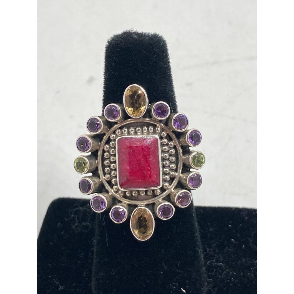 Nicky Butler Sterling Silver Multi-Gemstone Ring With Pink Purple Green & Yellow